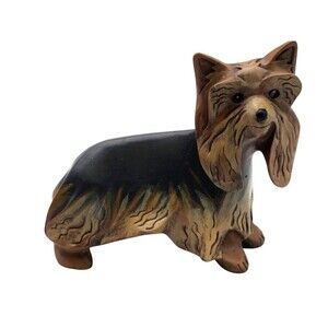 Vintage Lynda Pleet Yorkshire Terrier Hand Carved Figurine 5" Long